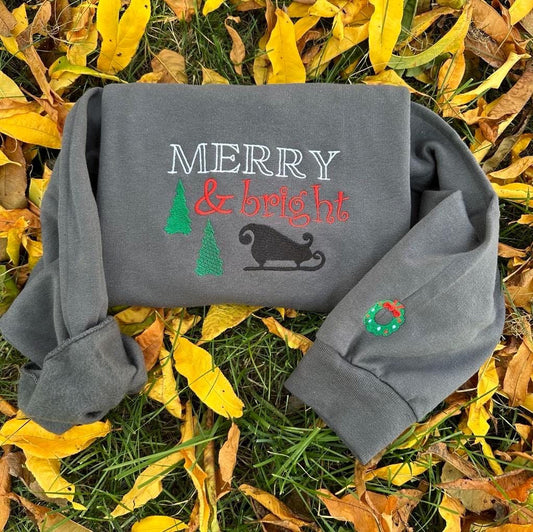 Merry & Bright embroidered crewneck; Christmas tree Embroidered sweatshirt; holiday gifts, Christmas wreath sleeve embroidered sweatshirt