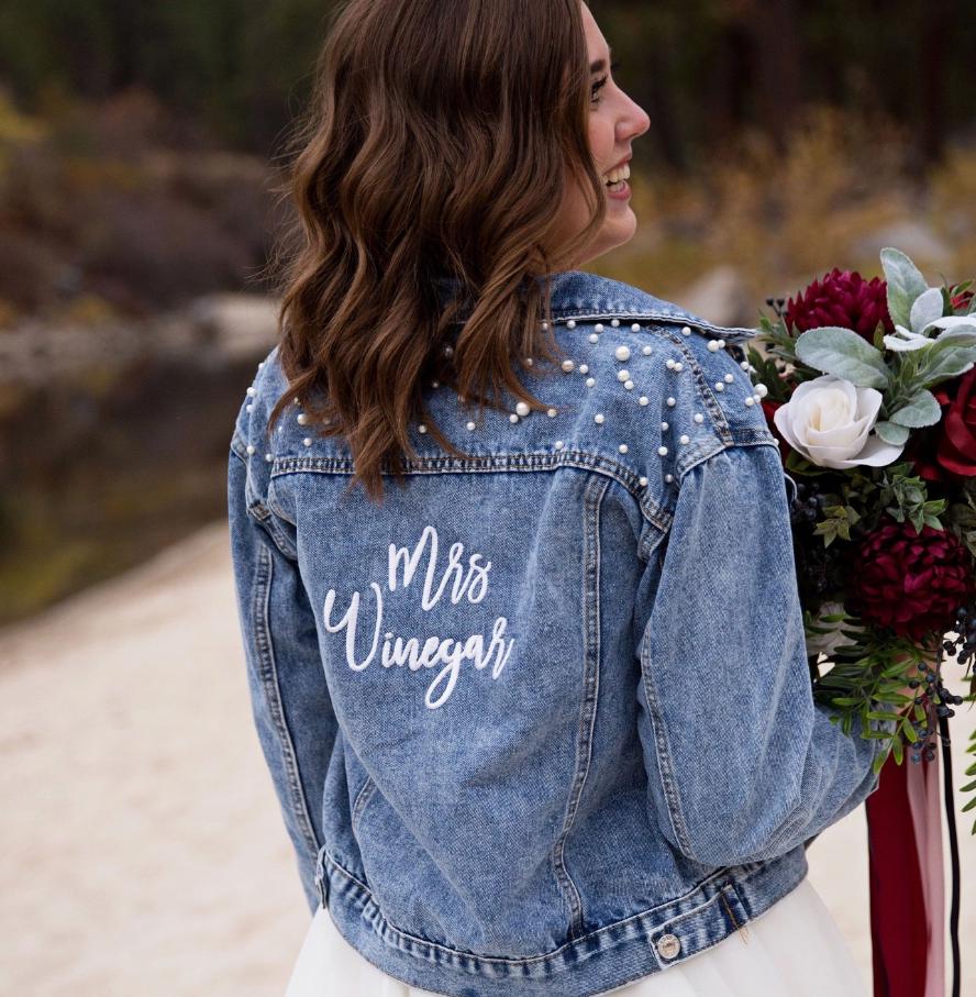 Custom Embroidered Denim Tote Bag for Bride, New Mrs. Last Name Wedding & Bachelorette Gift