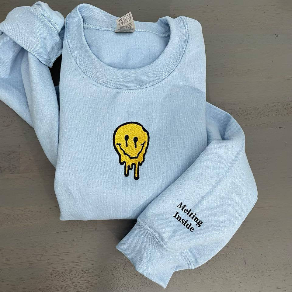 Melted Smiley embroidered sweatshirt; vintage embroidery design; custom vintage crewneck