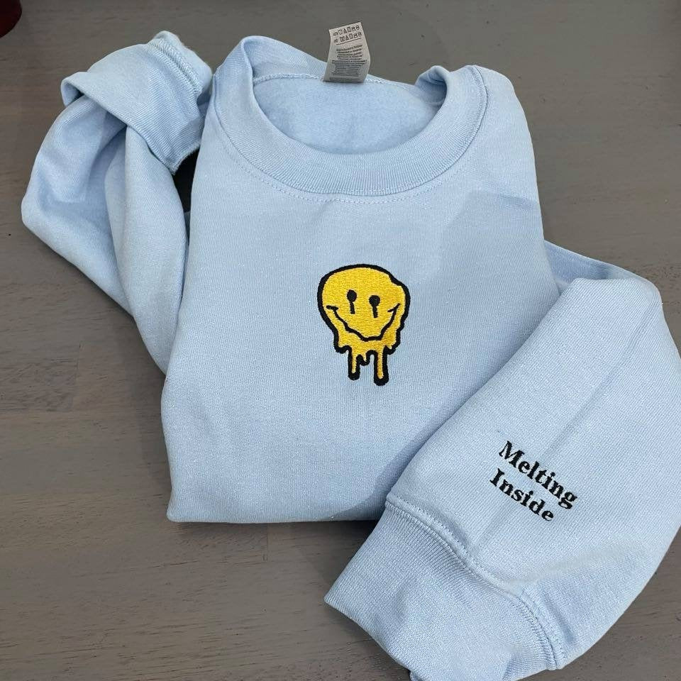 smiley face embroidered sweatshirt; melted smiley face crewneck - MrEmbroideryGifts