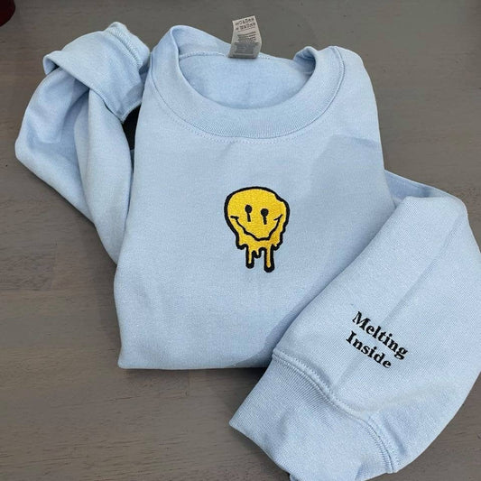 smiley face embroidered sweatshirt; melted smiley face crewneck - MrEmbroideryGifts