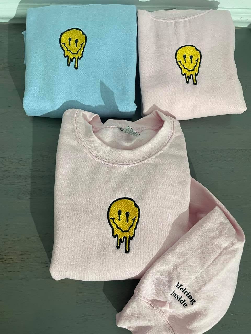 Melted Smiley embroidered sweatshirt; vintage embroidery design; custom vintage crewneck