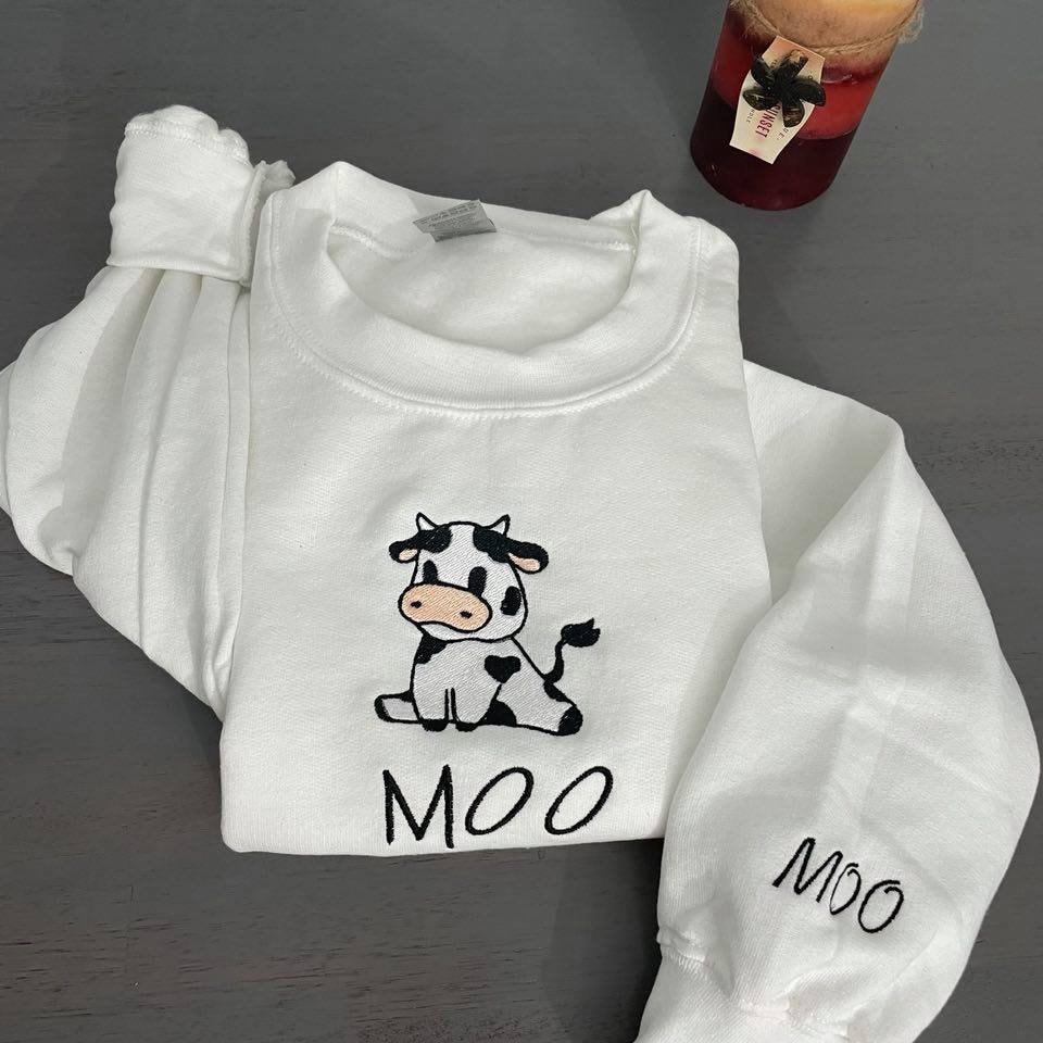 Cow Sitting Embroidered sweatshirt; Funny Cow embroidered crewneck, funny gift for her - MrEmbroideryGifts