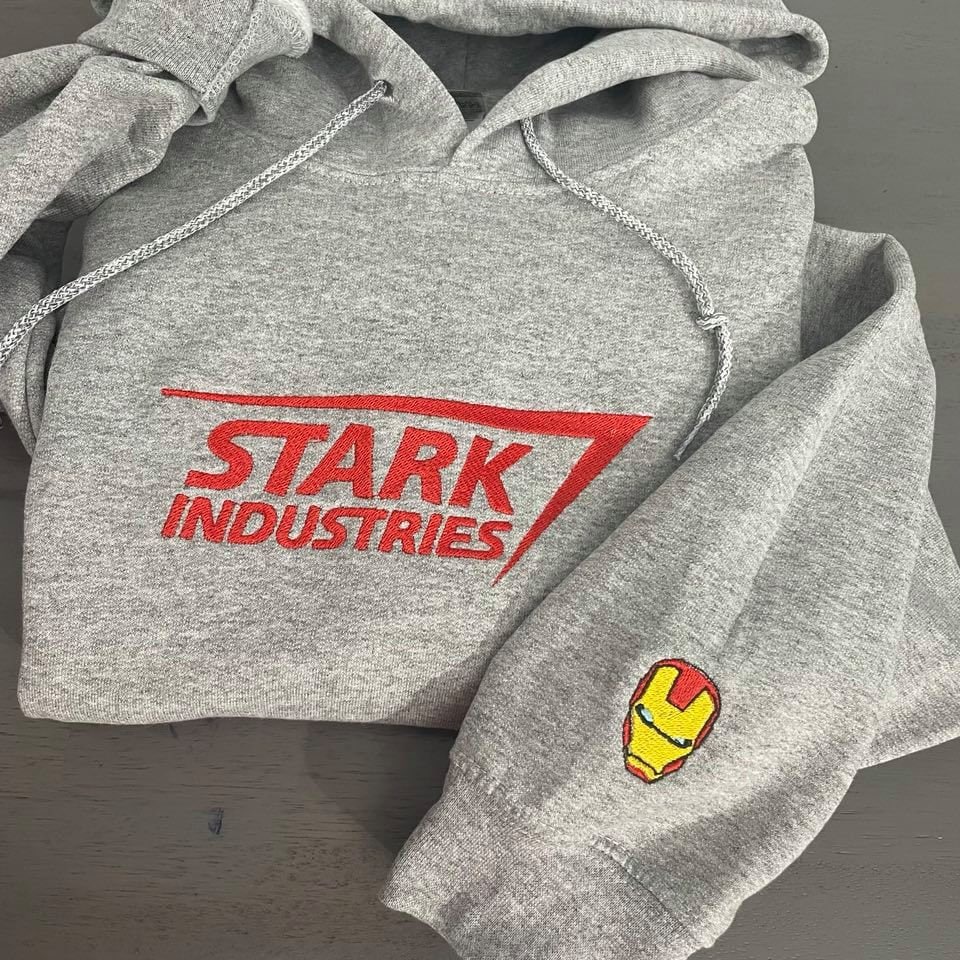 Stark Industries Embroidered Hoodie; ironman embroidered Hoodie; ironman embroidery; ironman Hoodies; Stark industries crewneck - MrEmbroideryGifts