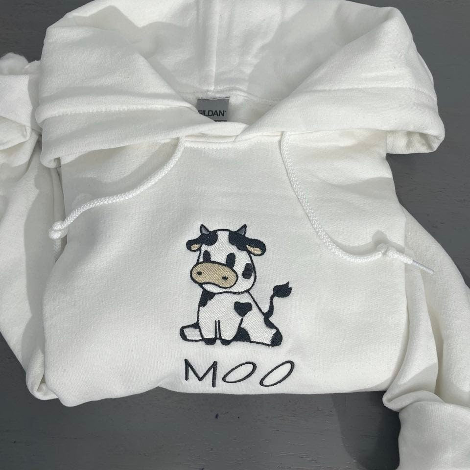 Sitting Cow Embroidered hoodie; cow lovers hoodie; cow design embroidered crewneck; funny cow hoodies; vintage cow embroidered hoodie - MrEmbroideryGifts