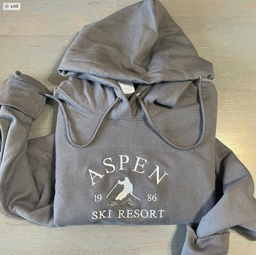 Aspen Ski Resort embroidered Hoodie, ski lover's design, Colorado Resort hoodie, Aspen Resort hoodie; Aspen Ski Hoodies; gift for him/her