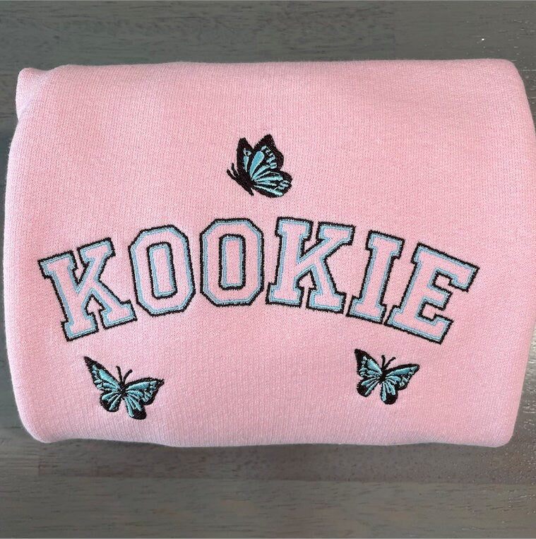 Kookie Embroidered sweatshirt; Kookie butterfly crewneck; custom design Kookie embroidered sweatshirt