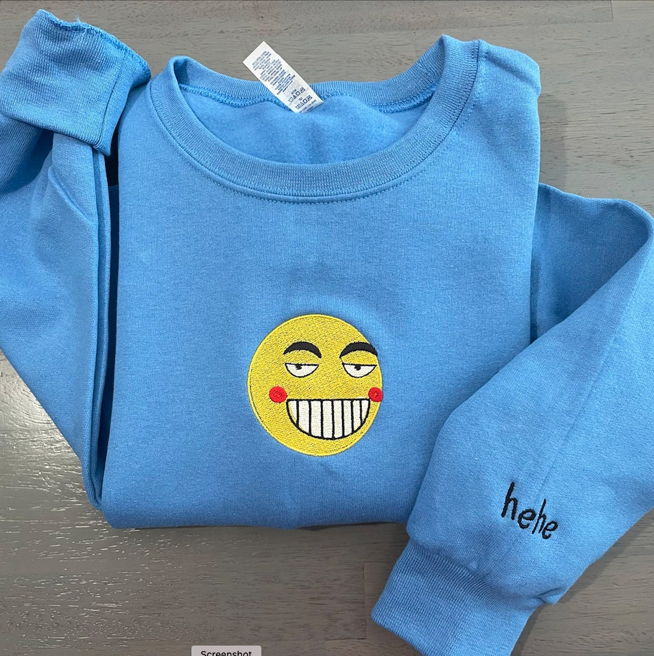 Funny Smiley face embroidered sweatshirt, smiley face crewneck; Hehe funny sweater with sleeve embroidery