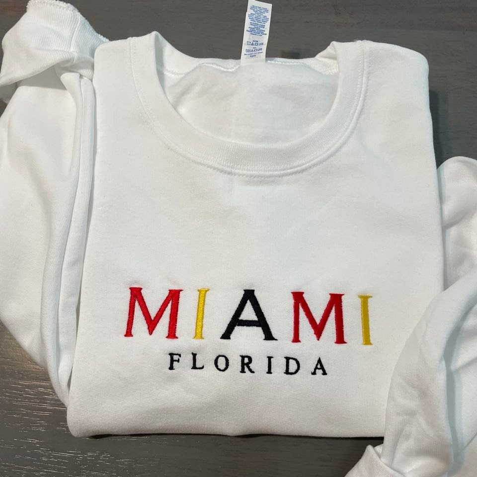 Miami Florida embroidered sweatshirt  custom embroidery; Florida crewnecks. Miami crewnecks