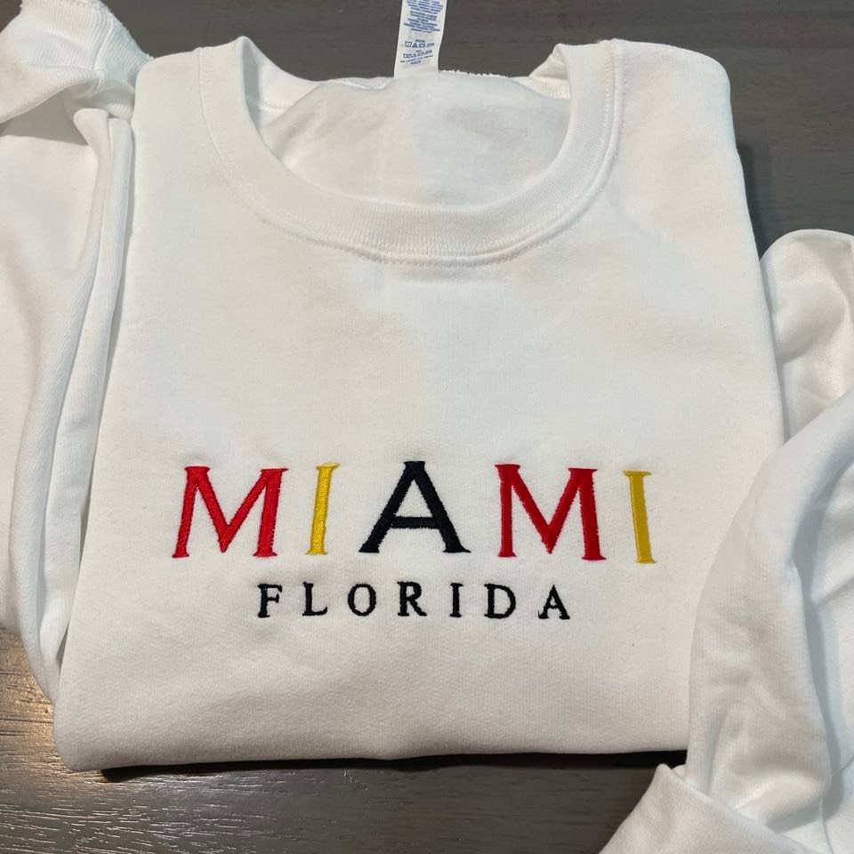 Miami Florida embroidered sweatshirt  custom embroidery; Florida crewnecks. Miami crewnecks