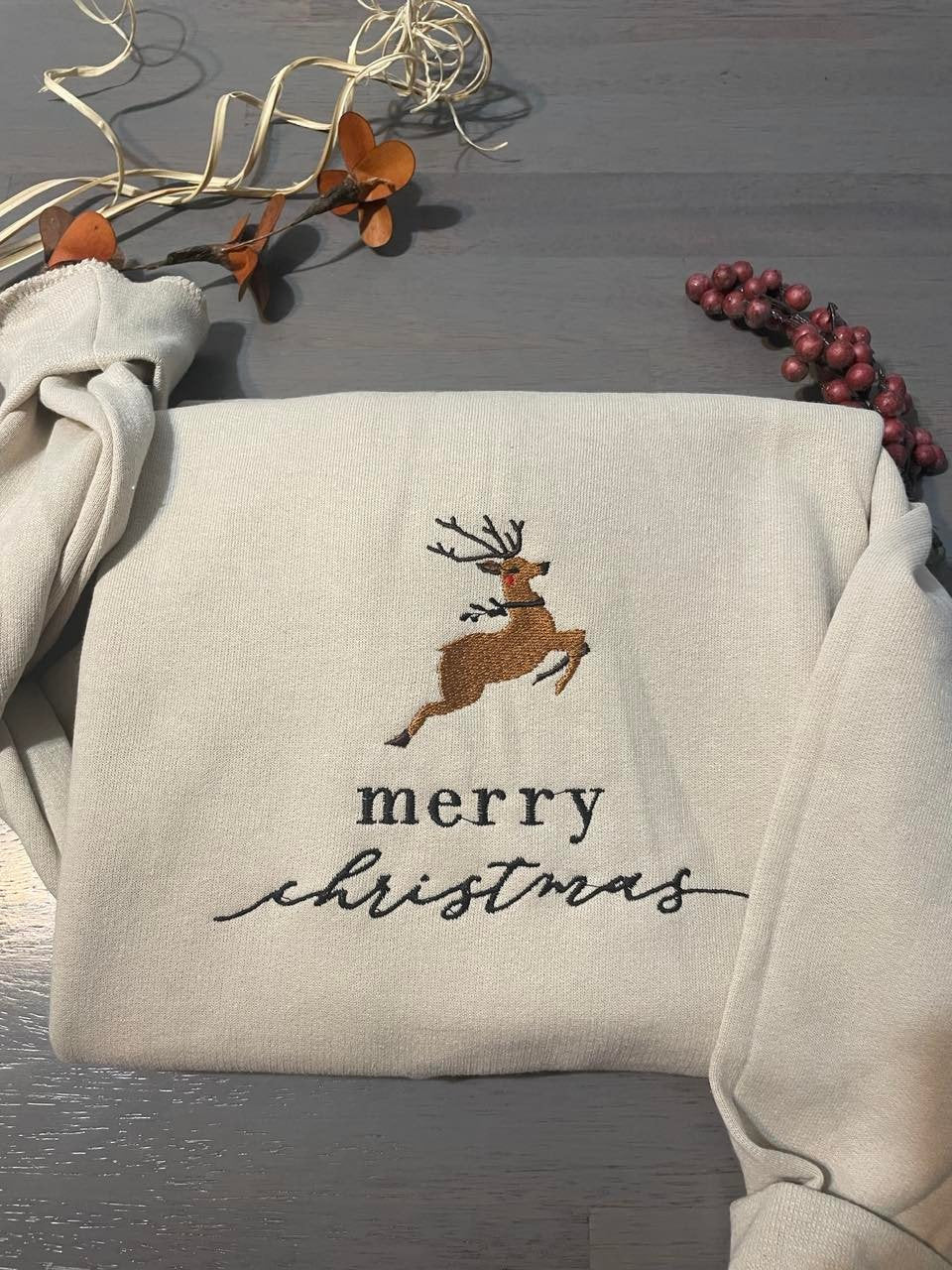 Merry Christmas Embroidered sweatshirt; Reindeer Christmas crewneck, Christmas deer sweatshirt crewneck; Christmas sweatshirt