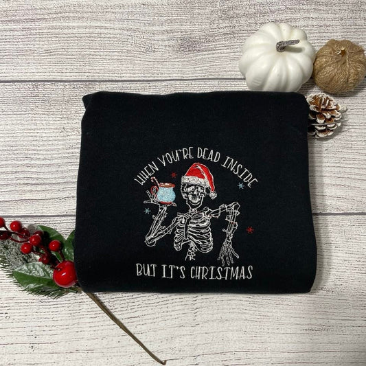 Dead inside skeleton embroidered sweatshirt, Merry Skeleton embroidered crewneck, coffee lover christmas shirt