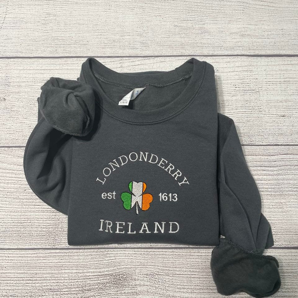 Londonderry Ireland Embroidered Sweatshirt; Saint Patrick day Sweater; Custom Londonderry  Embroidered sweatshirt. St Patricks day - MrEmbroideryGifts