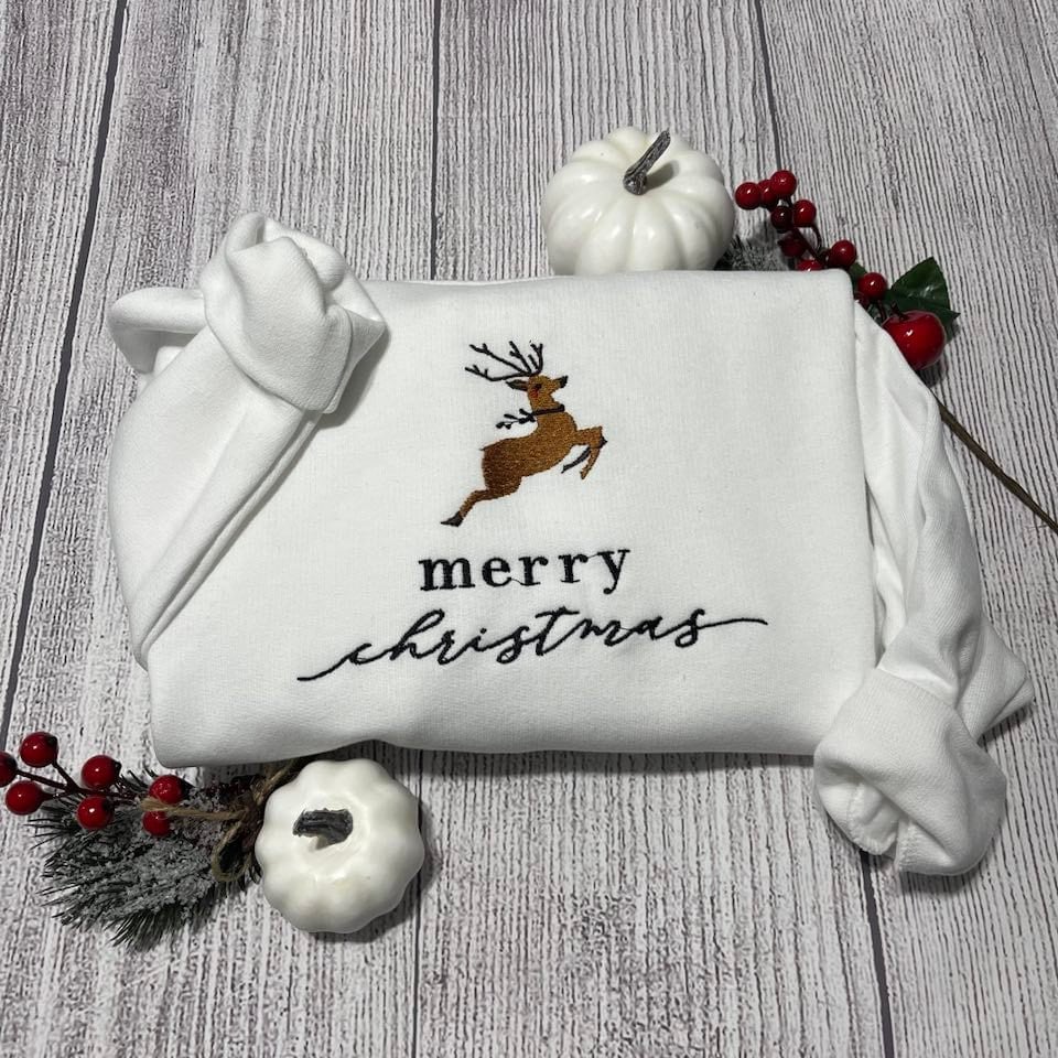 Merry Christmas Embroidered sweatshirt; Reindeer Christmas crewneck, Christmas deer sweatshirt crewneck; Christmas sweatshirt