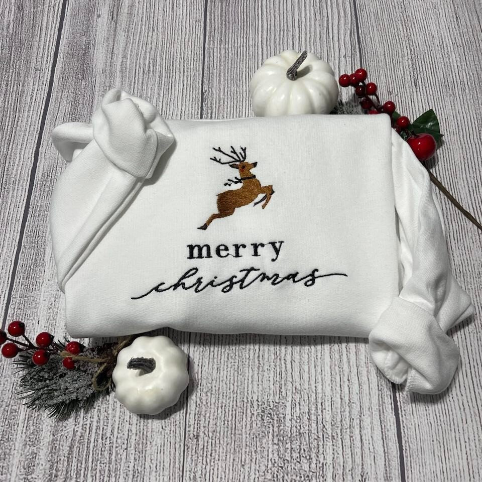 Merry Christmas Embroidered sweatshirt; Reindeer Christmas crewneck, Christmas deer sweatshirt crewneck; Christmas sweatshirt