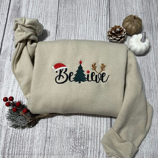 Believe Christmas Embroidery sweatshirt, Christmas tree Embroidered crewneck, believe Santa shirt