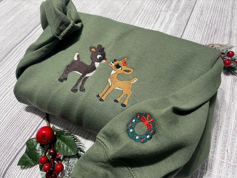 Rudolph and Clarice embroidered sweatshirt; Christmas Classic Rudolph embroidered sweatshirt;  Classic Christmas tv and movie shows