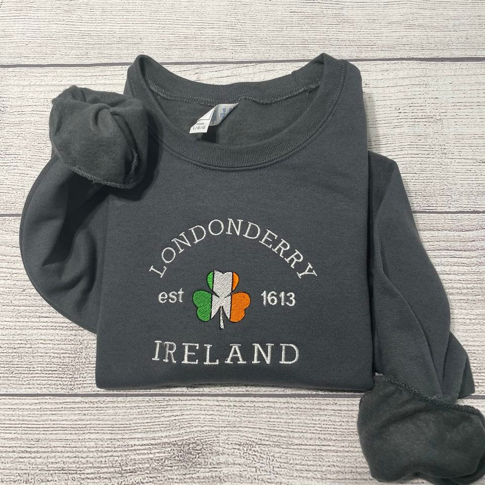Londonderry Ireland Embroidered Sweatshirt; Saint Patrick day Sweater; Custom Londonderry  Embroidered sweatshirt. St Patricks day - MrEmbroideryGifts