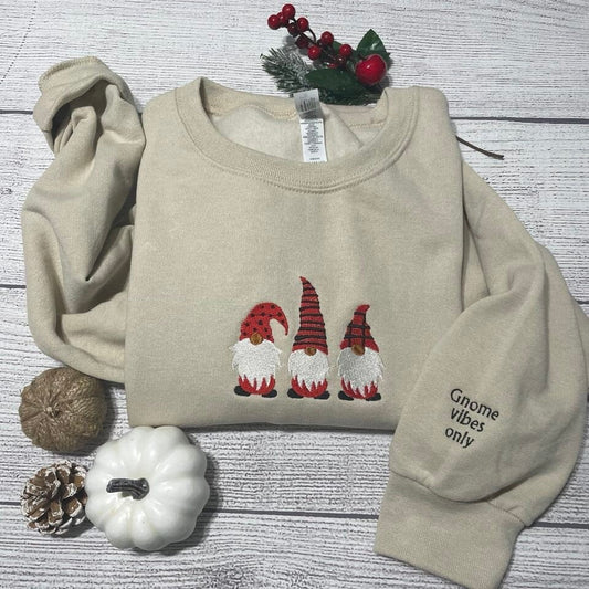 New Christmas Gnomes embroidery sweatshirt,  Gnome vibes only sweatshirt gnomes crewneck, merry Christmas sweatshirt;