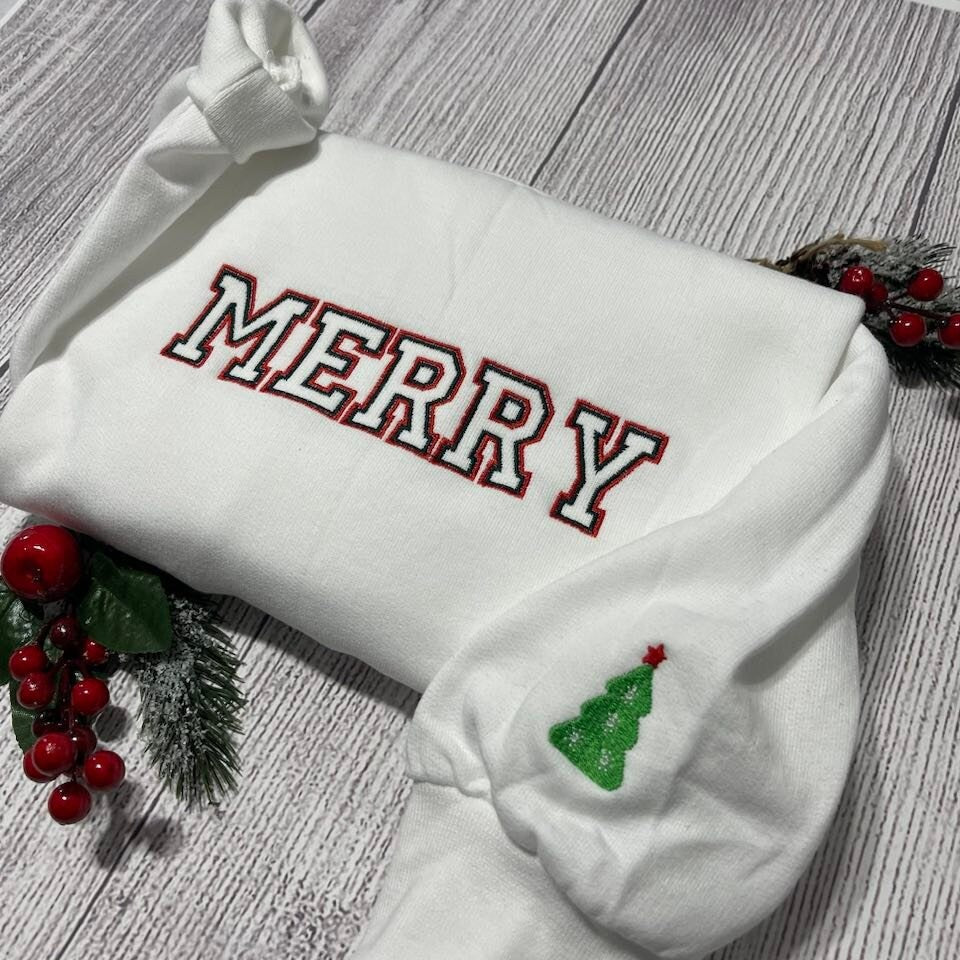 Merry embroidered Sweatshirt, Merry Christmas crewneck sweatshirts, Christmas tree embroidered sweatshirt - MrEmbroideryGifts