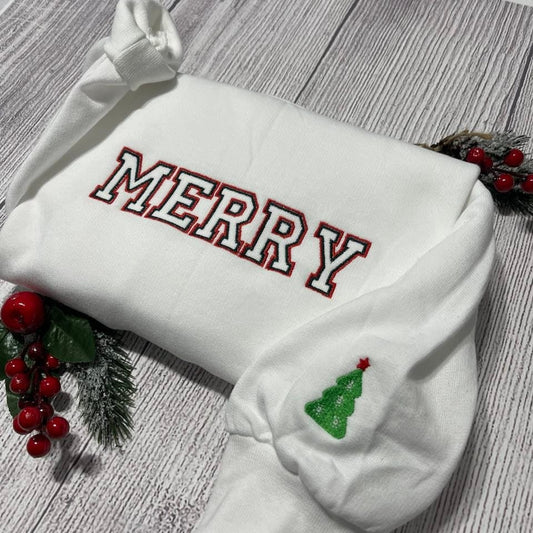 Merry embroidered Sweatshirt, Christmas Tree crewneck sweatshirts, New Merry embroidered sweatshirt