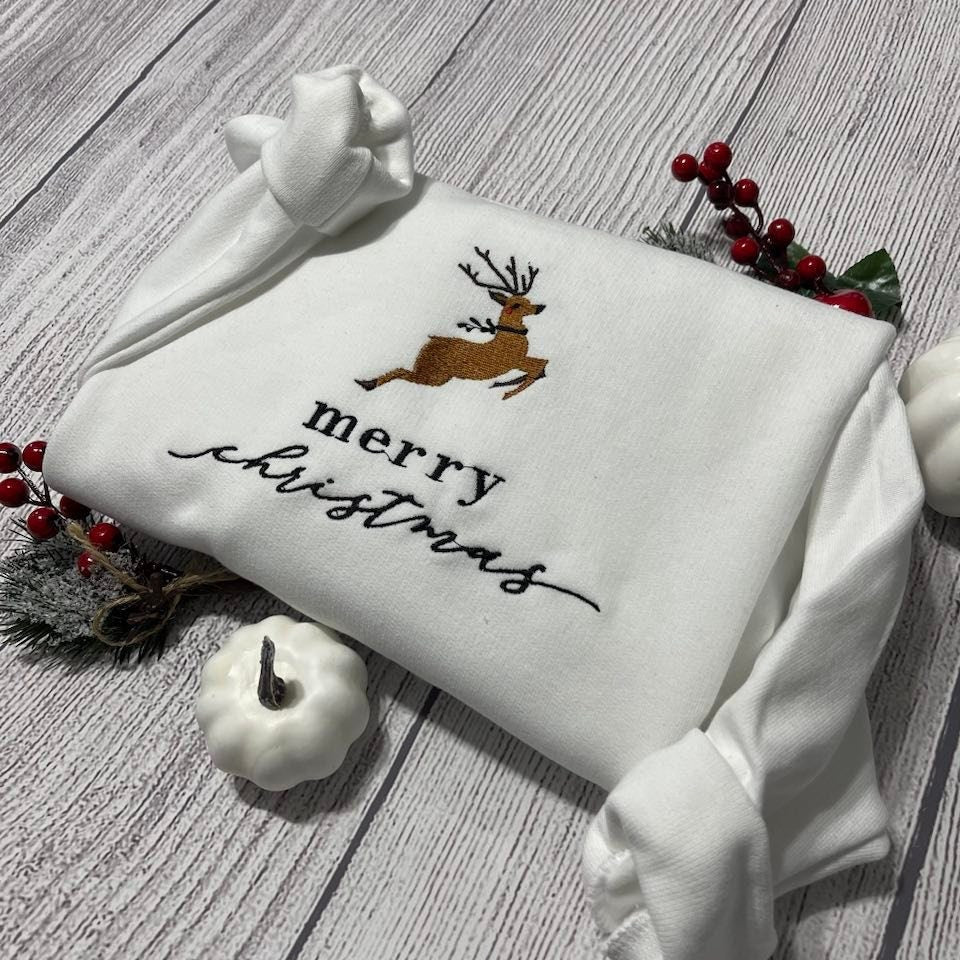 Merry Christmas Embroidered sweatshirt Reindeer Christmas crewneck C Mr Embroidery Gifts