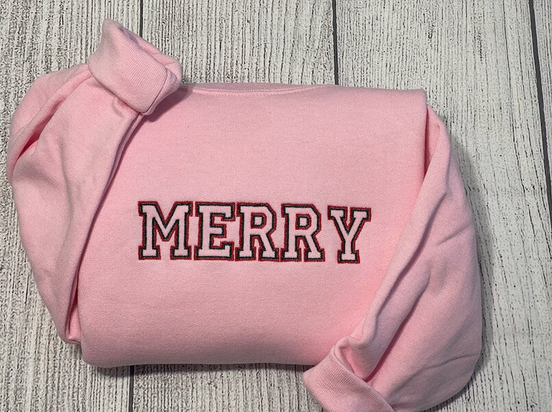 Merry embroidered Sweatshirt, Merry Christmas crewneck sweatshirts, Christmas tree embroidered sweatshirt - MrEmbroideryGifts