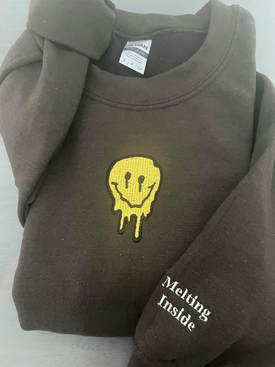 Melted Smiley embroidered sweatshirt; vintage embroidery design; custom vintage crewneck