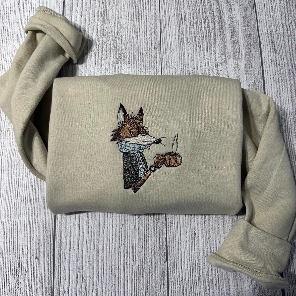 Fox  Embroidered sweatshirt; vintage fox drinking coffee  embroidered  crewneck; custom Fox with Coffee crewneck; coffee lovers shirt - MrEmbroideryGifts