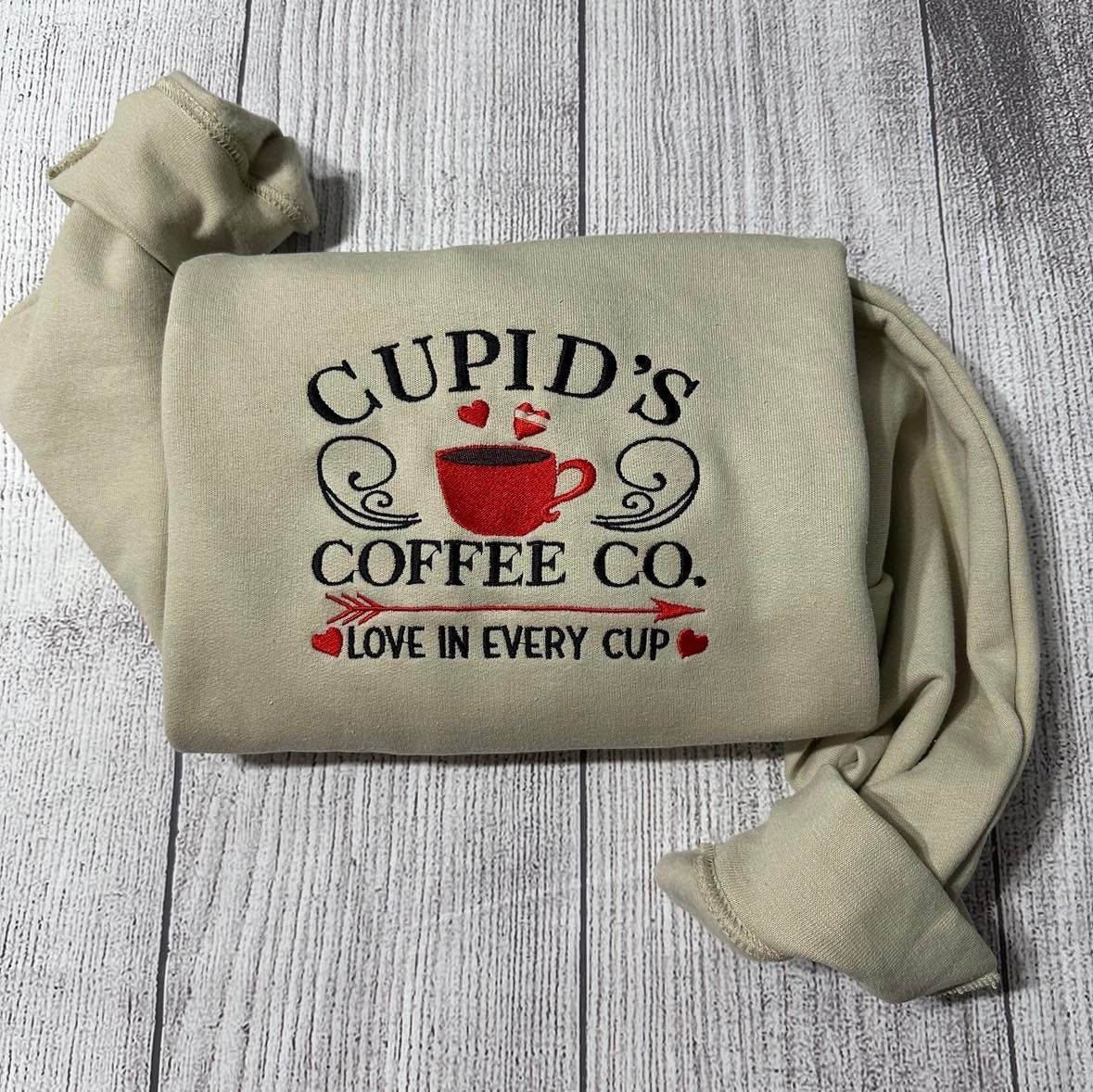 Cupid Coffee CO embroidered sweatshirt; Valentine embroidered sweatshirt; Coffee lover gift sweatshirt; gift for embroidered crewneck
