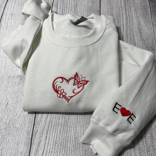 Valentine sweatshirt; Butterfly Heart embroidered  sweatshirt; Custom Valentine embroidered sweatshirt; Valentine day gift for her