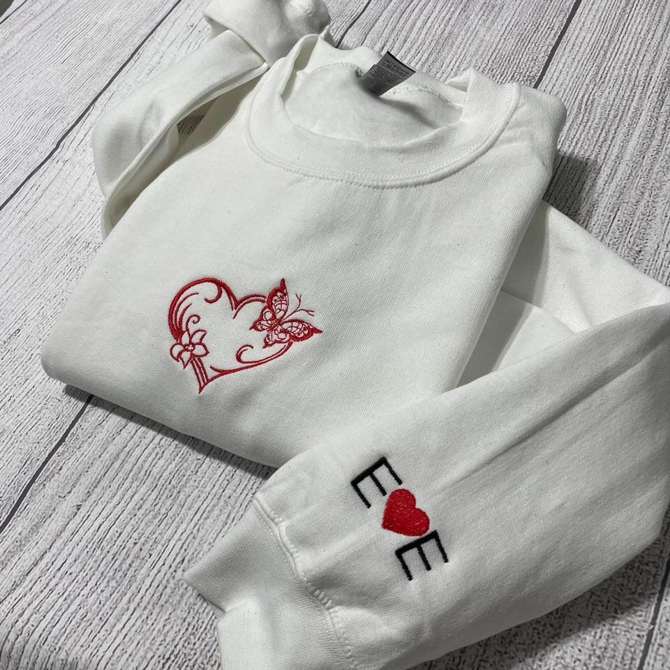 Valentine sweatshirt; Butterfly Heart embroidered  sweatshirt; Custom Valentine embroidered sweatshirt; Valentine day gift for her