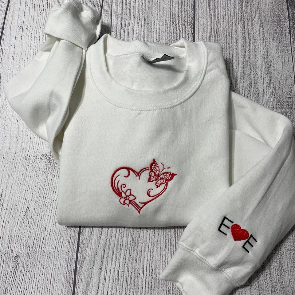 Valentine sweatshirt; Butterfly Heart embroidered  sweatshirt; Custom Valentine embroidered sweatshirt; Valentine day gift for her