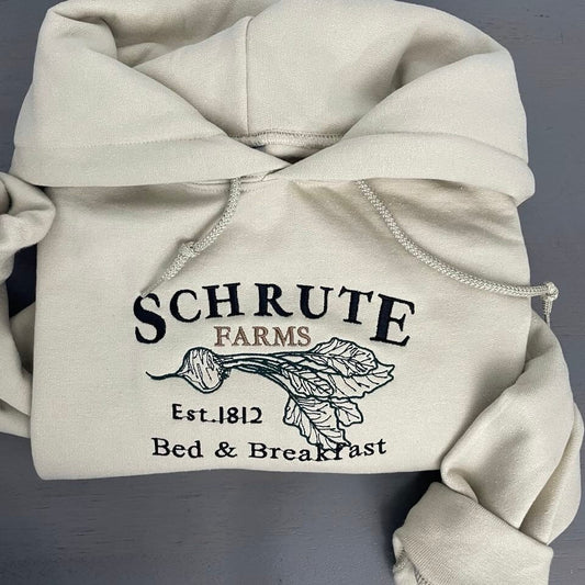 Schrute Embroidered Hoodie; vintage Schrute embroidered Hoodie; trending vintage sweatshirts, Bed & Breakfast embroidered sweatshirt - MrEmbroideryGifts