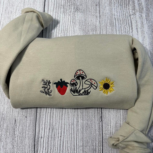 Embroidered Cottagecore  sweatshirt; Mushroom, strawberry, sunflower embroidered sweatshirt; retro sweatshirt; cottagecore mushroom crewneck - MrEmbroideryGifts