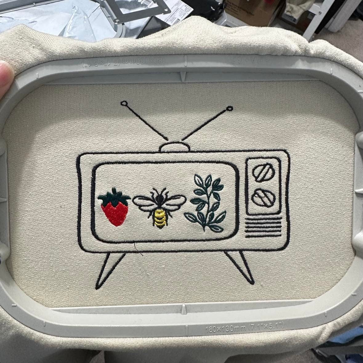 Embroidered vintage tv sweatshirt; Bee, strawberry and flower stem embroidered sweatshirt; retro sweatshirt; gift for her crewneck