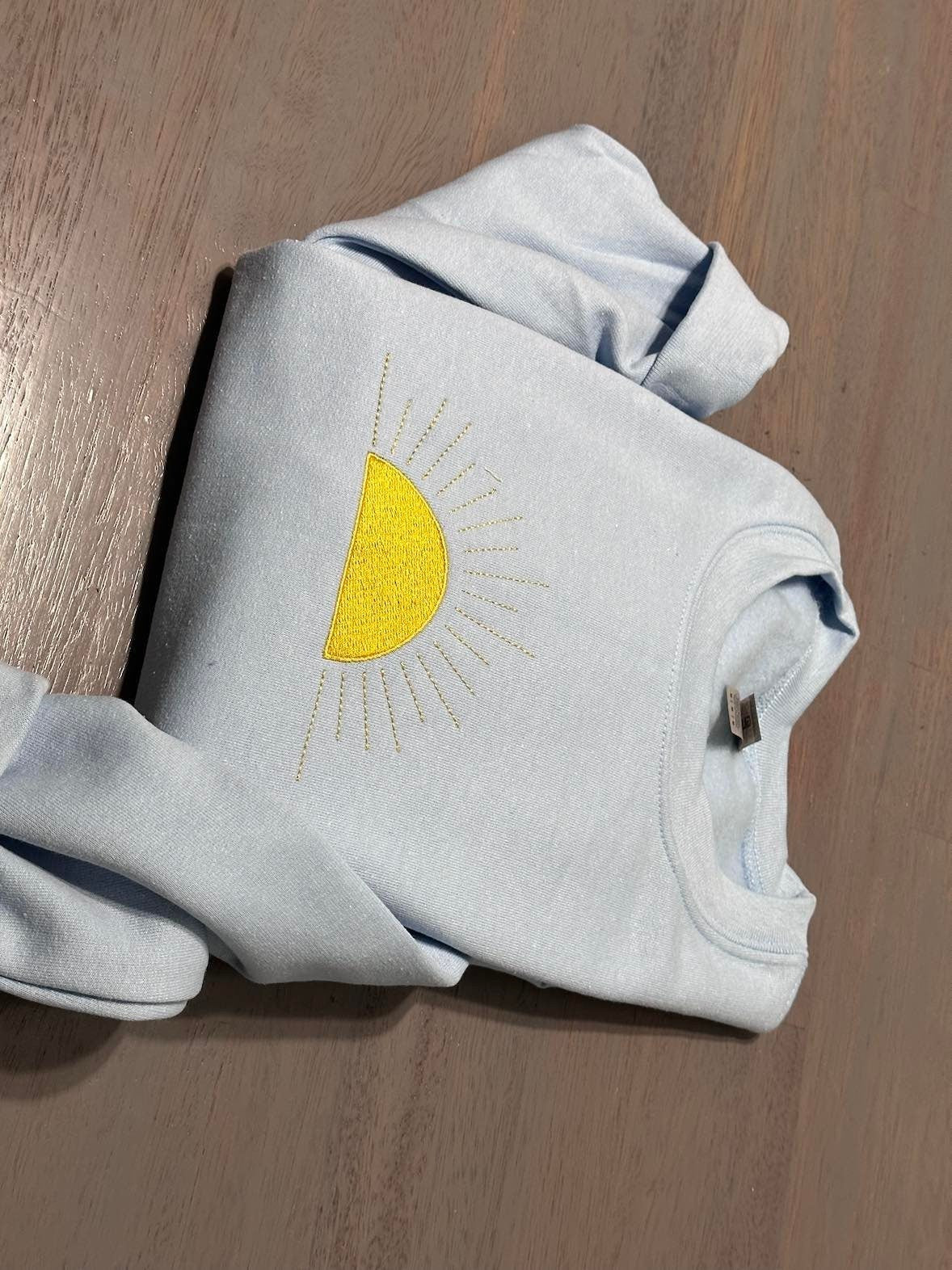 Embroidered Sun sweatshirt; Sunshine embroidered  sweatshirt; Custom sun sweatshirt; - MrEmbroideryGifts