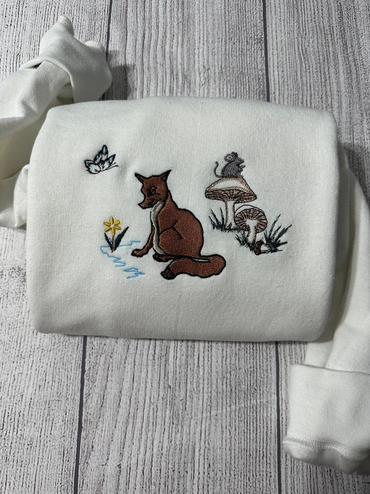 Fox Forest Embroidered sweatshirt; Mushroom embroidered crewneck; Mouse embroidered crewneck; Butterfly embroidered sweater - MrEmbroideryGifts