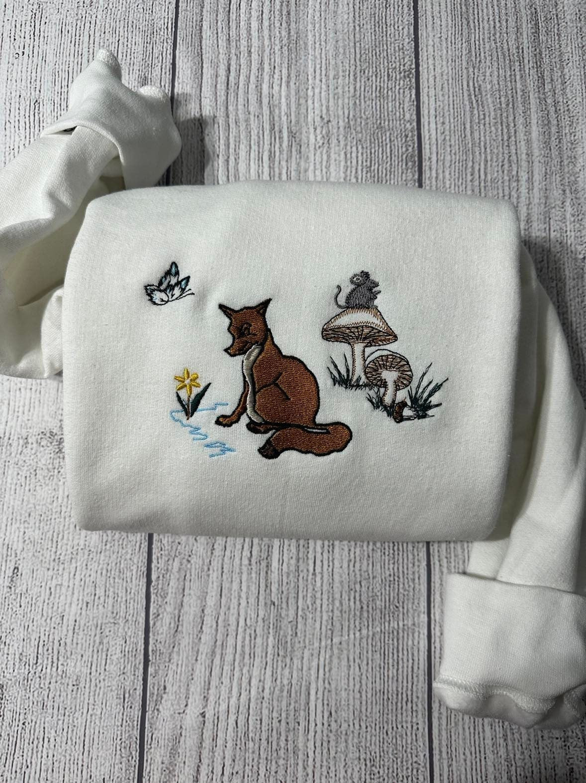 Fox Forest Embroidered sweatshirt; Mushroom embroidered crewneck; Mouse embroidered crewneck; Butterfly embroidered sweater - MrEmbroideryGifts