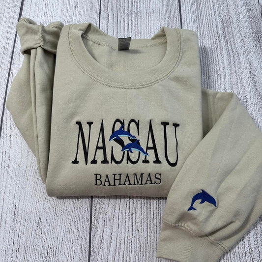 NASSAU BAHAMAS embroidered crewneck; Bahamas Crewneck perfect gift for Dolphin lovers