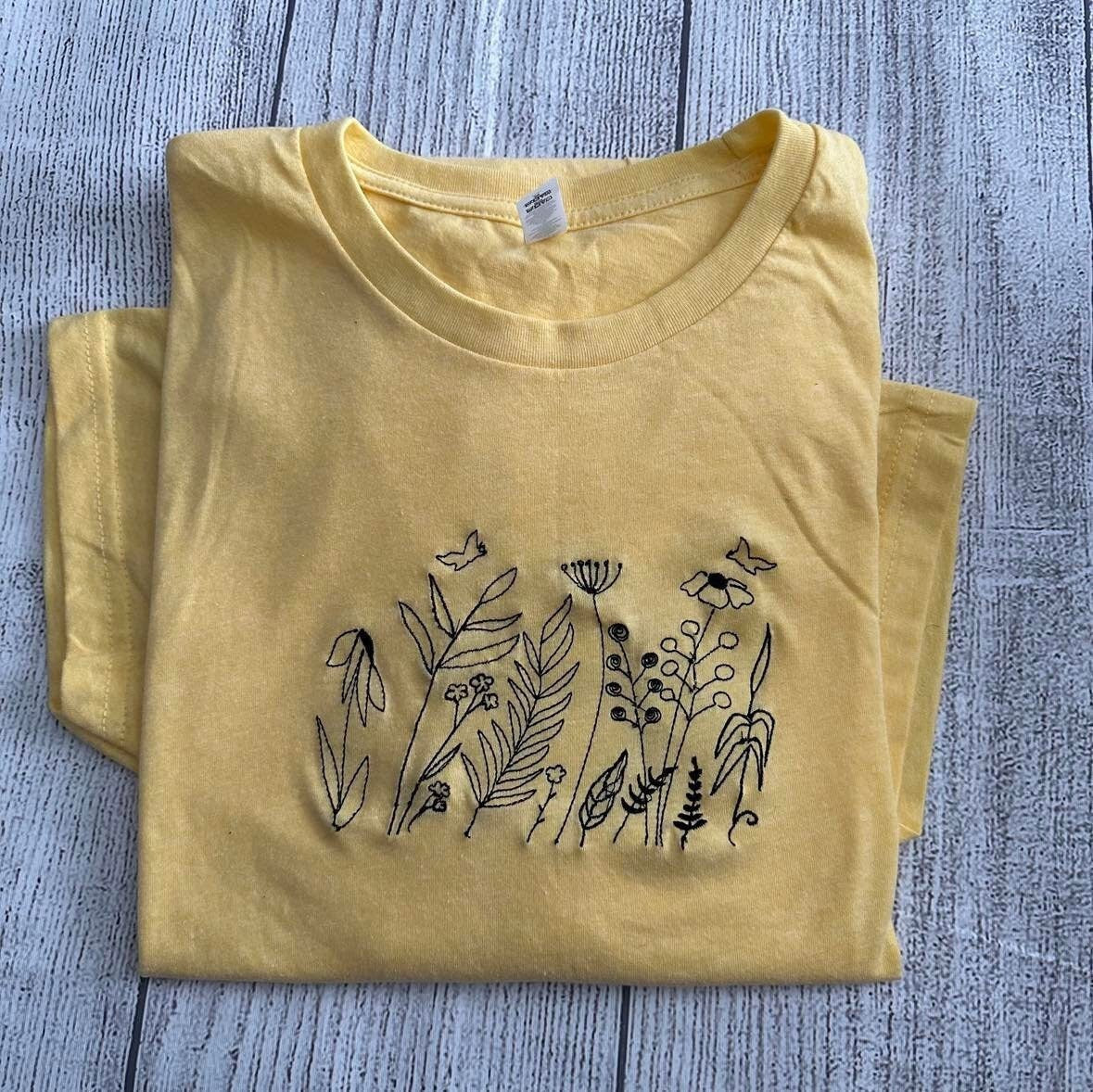 Wild flowers embroidered T-shirt; Floral embroidered tshirt; gift for her; Mother's gifts; nature lover shirt; botanical tshirt - MrEmbroideryGifts