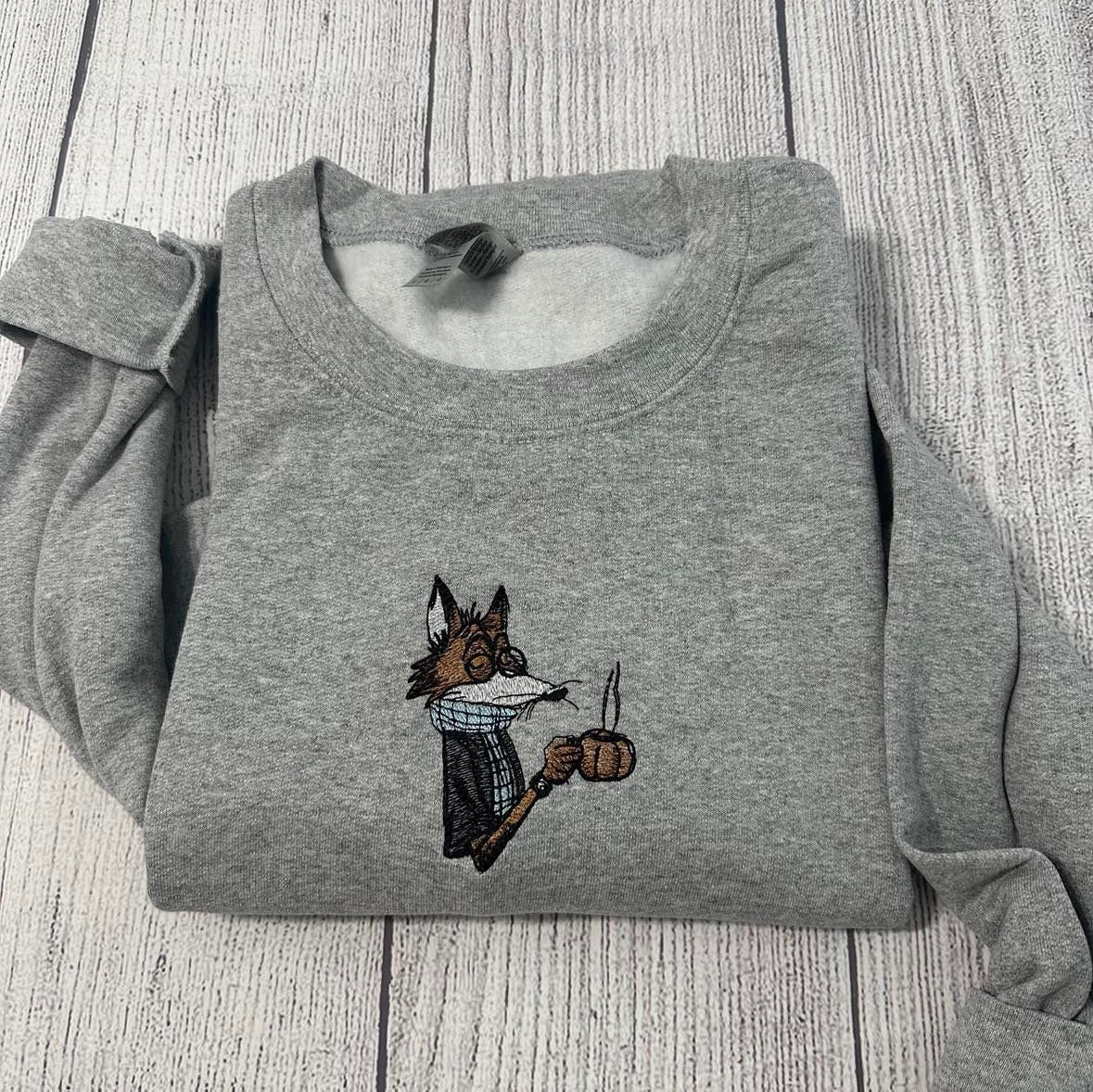 Fox  Embroidered sweatshirt; vintage fox drinking coffee  embroidered  crewneck; custom Fox with Coffee crewneck; coffee lovers shirt - MrEmbroideryGifts