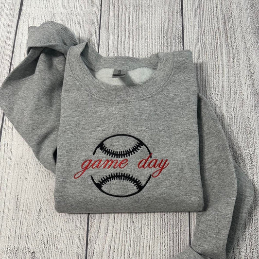 Game day embroidered sweatshirt;Baseball embroidered sweatshirt, baseball lover's sweatshirt - MrEmbroideryGifts